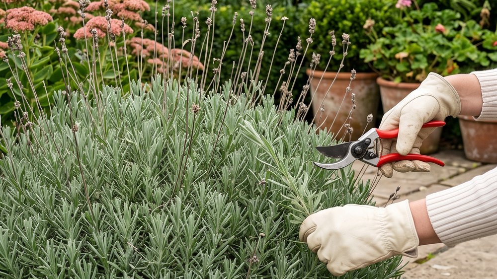 A gloved hand closing red-handled bypass secateurs on a single lavender stem near the top of the bush.
