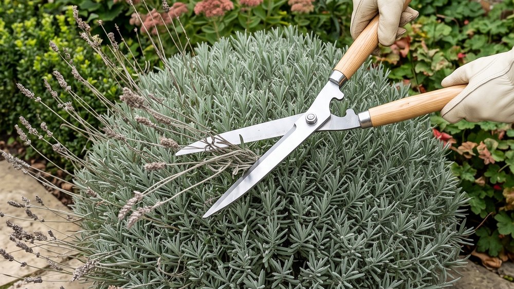 Two gloved hands sweeping short-handled garden shears horizontally across the top of a lavender dome, cutting off spent stalks.