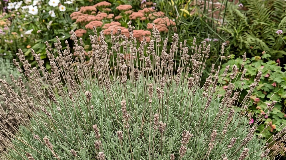 The top of a lavender bush with dozens of thin wiry spent flower stalks, dried to dull grey-brown, standing above dense grey-green foliage.