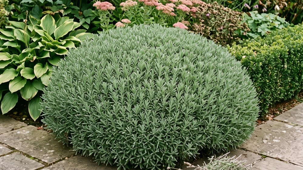 A lavender bush after trimming: a neat, evenly clipped dome of dense grey-green foliage with a heap of cut grey-brown stalks on the stone flags beside it.